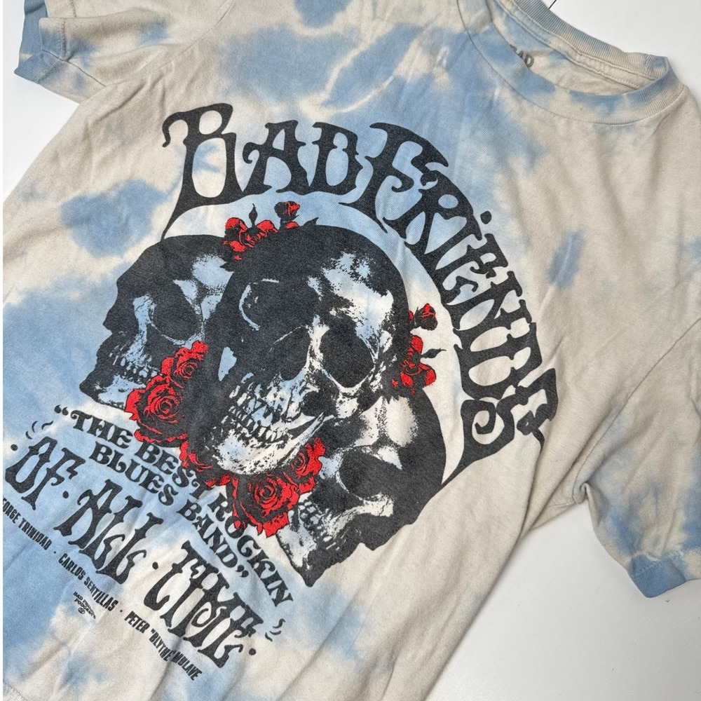 Bad Friends Podcast Skulls Roses Tie Dye Graphic T-Shirt Small Blue White